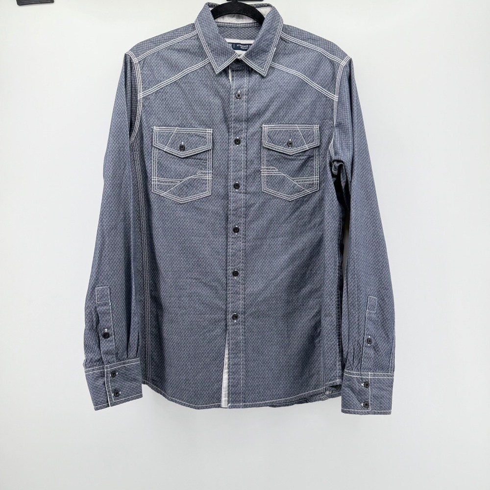 BKE Mens Standard Fit Long Sleeve Western Shirt Blue Diamond Print Medium B2803